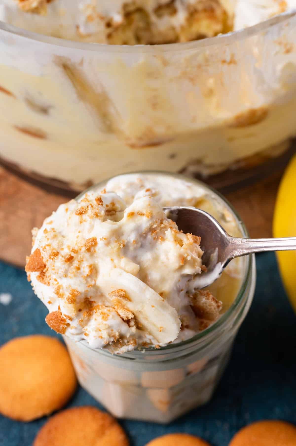 a spoonful of banana pudding from a jar