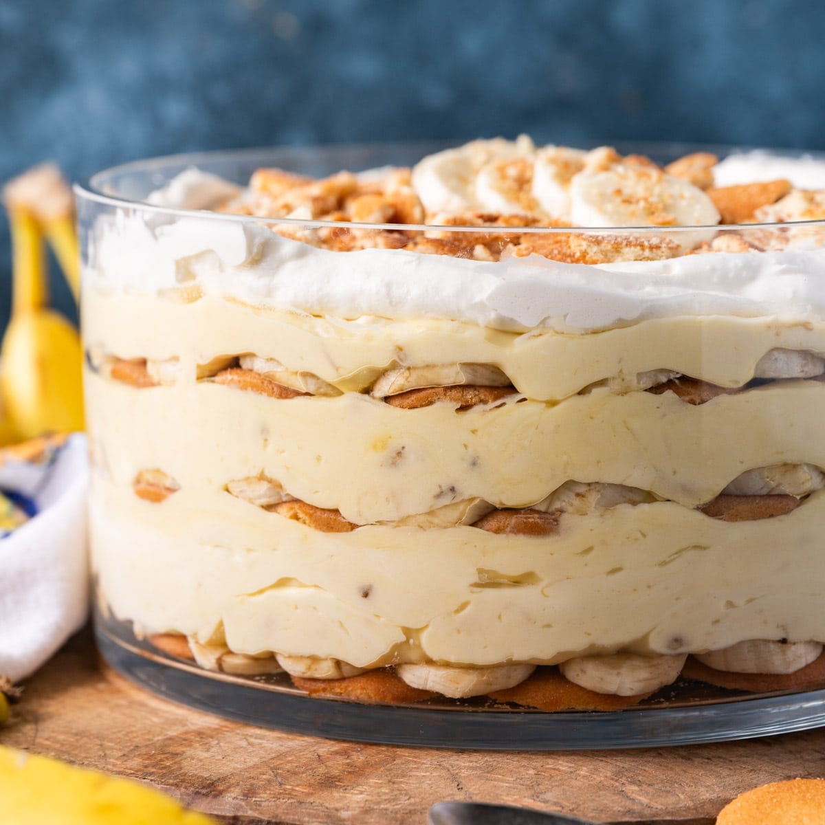 closeup of a layered pudding with bananas and vanilla wafers
