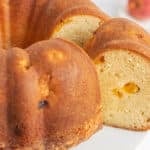 a slice of peach pound cake on a spatula