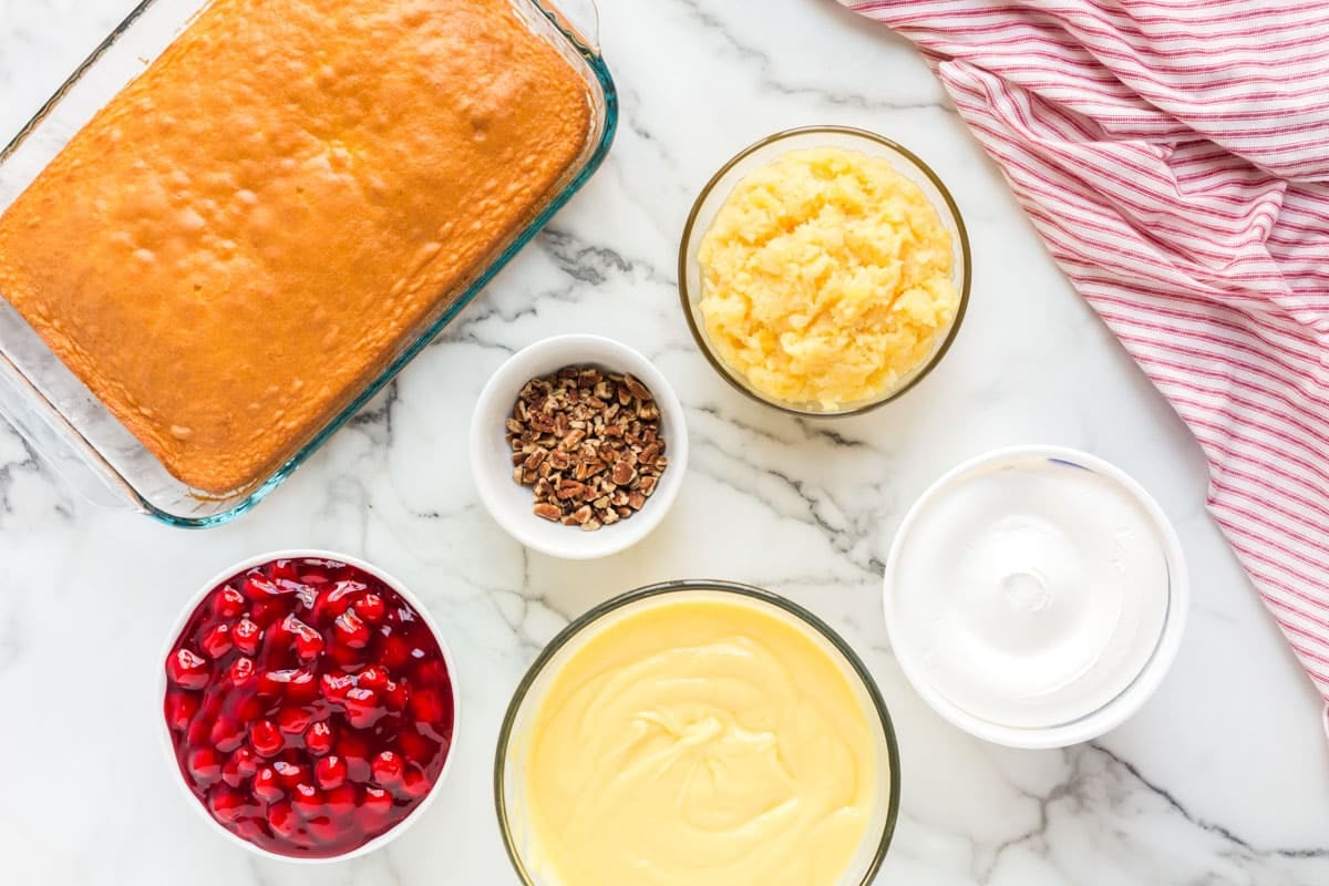 ingredients for punch bowl cake on a table