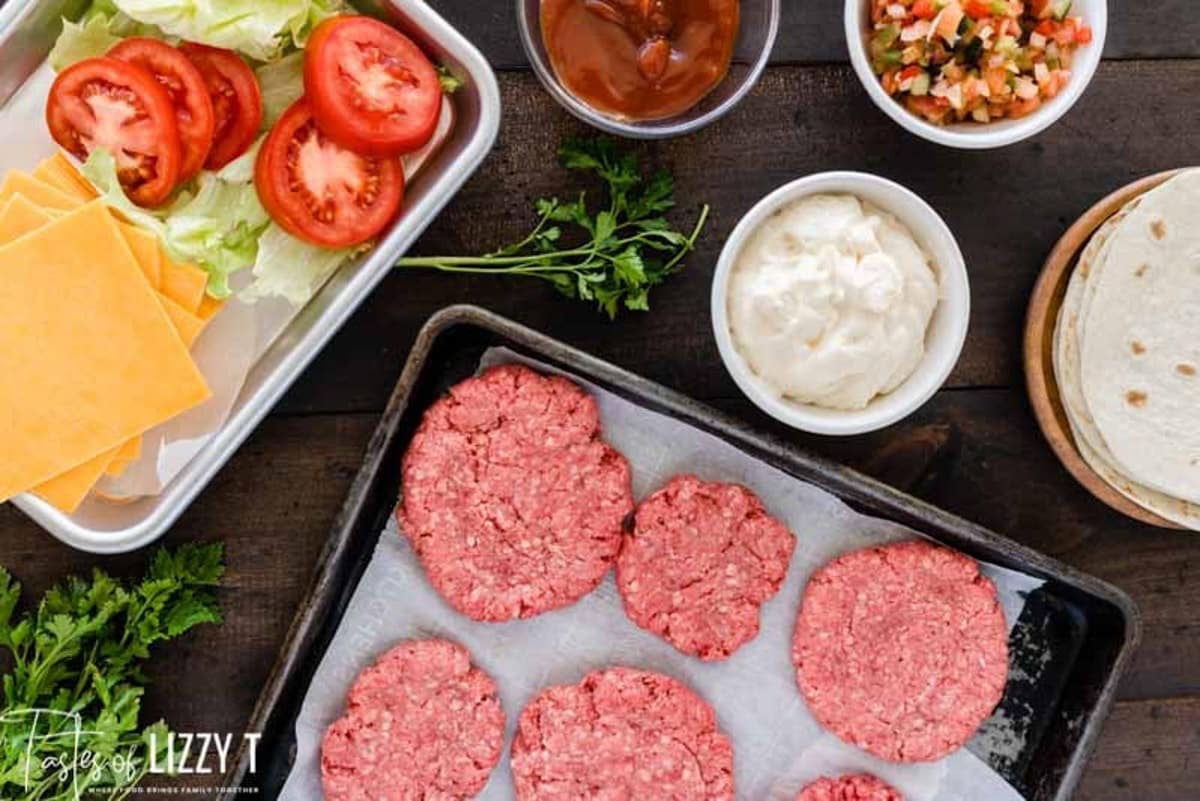 ingredients for a quesadilla burger on a table