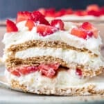 a piece of strawberry banana icebox cake on a plate