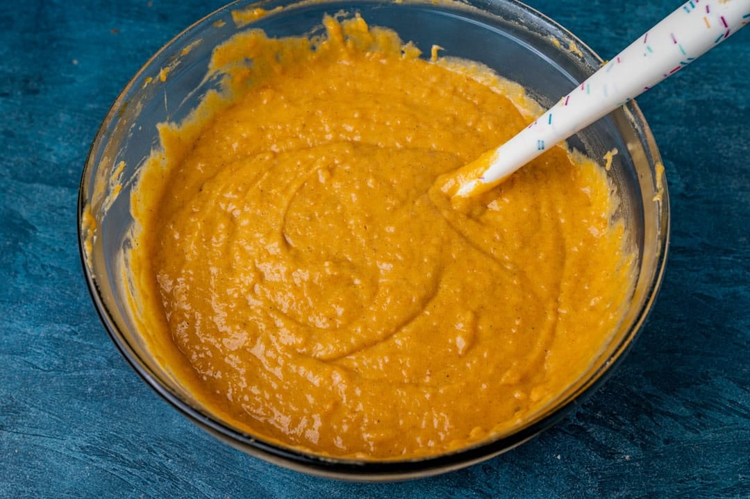 cake batter in a glass bowl