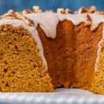 a sweet potato pound cake cut in half on a plate