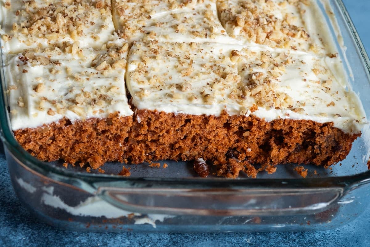 tomato soup spice cake in a baking pan