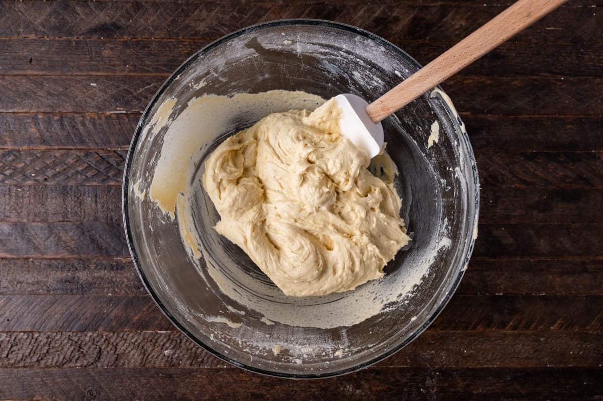 cake batter in a glass bowl