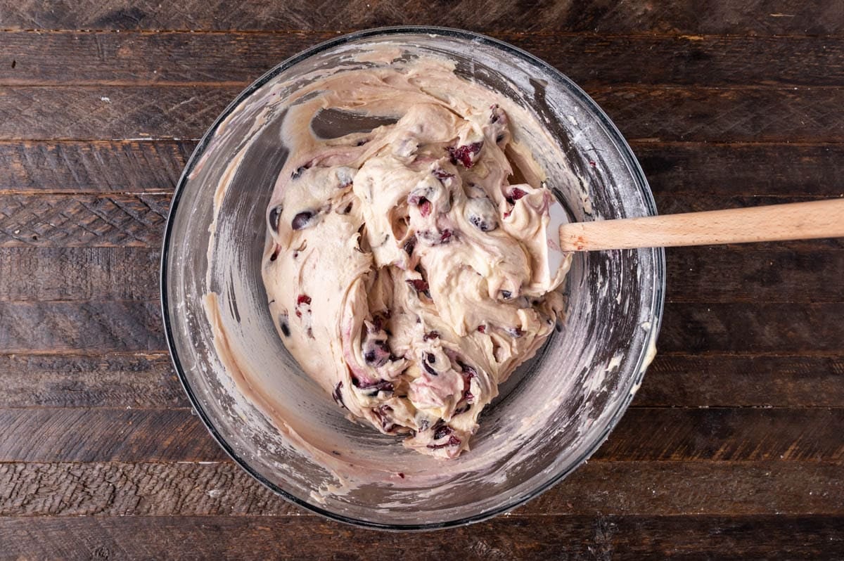 cherry cake batter in a bowl