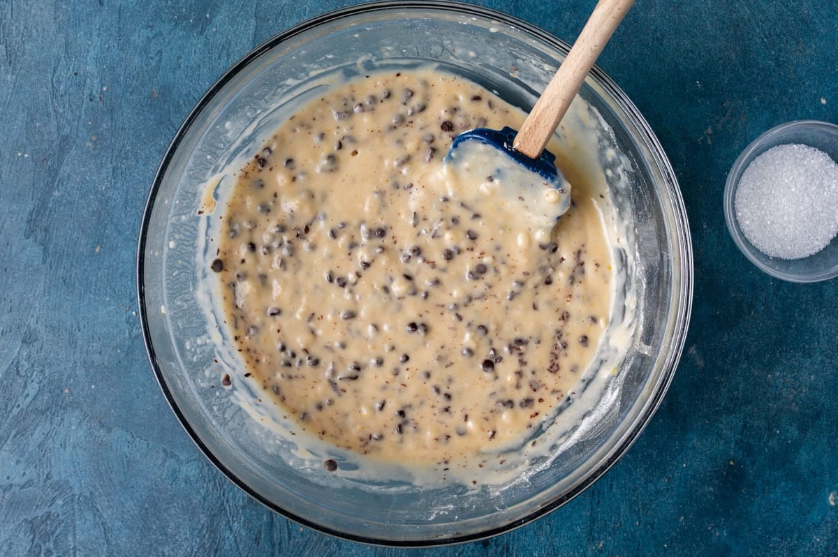 muffin batter in a bowl with a spatula