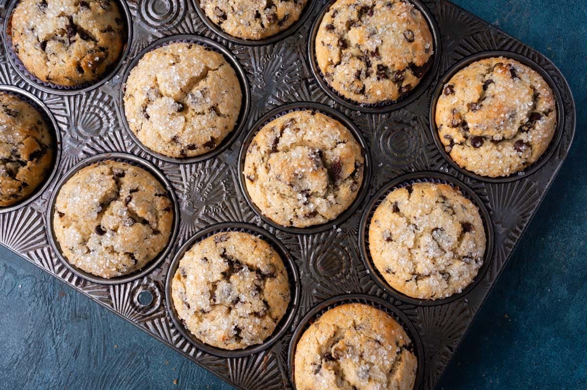overhead view of muffins with chocolate chips in a pan