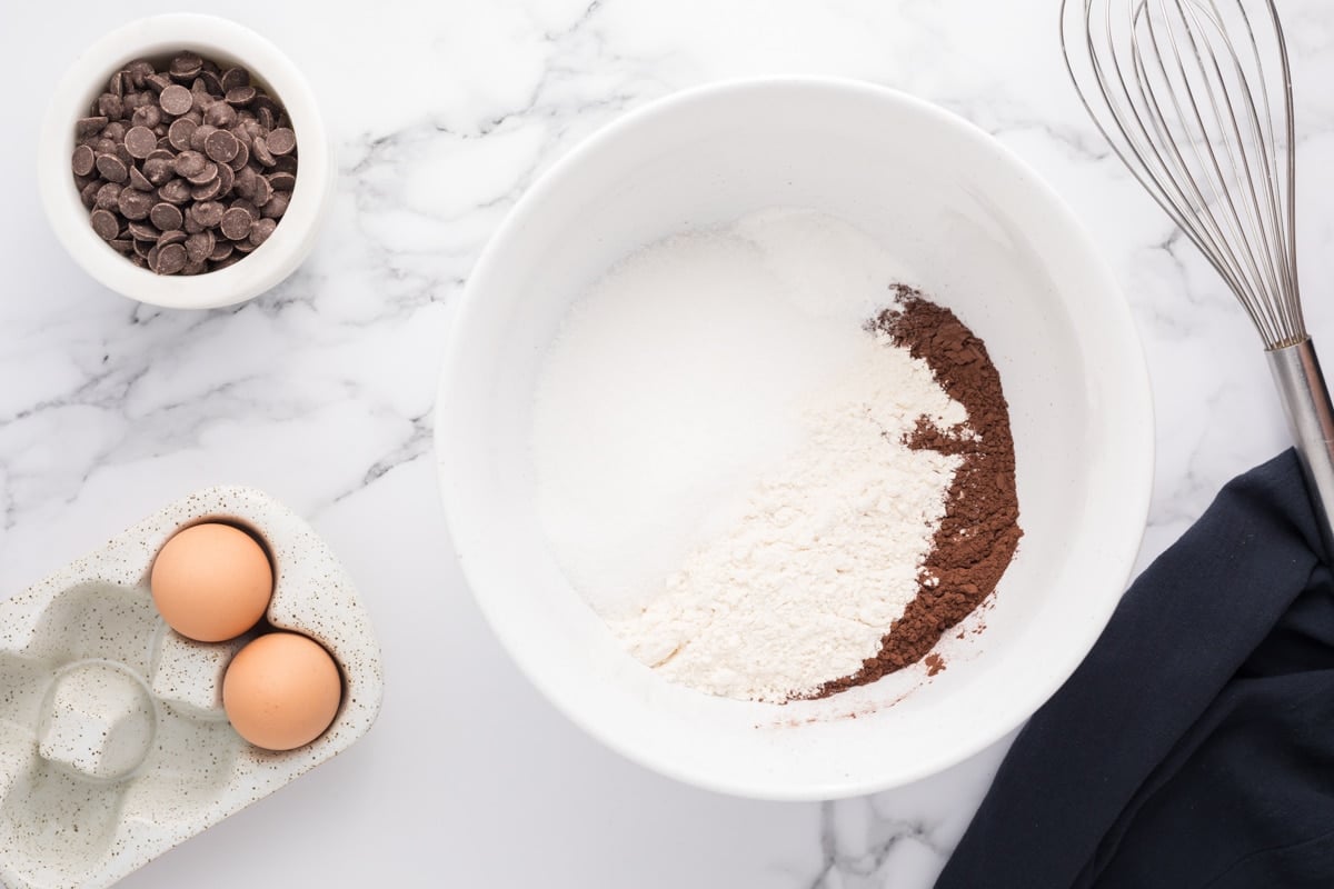 dry ingredients for cake in a bowl