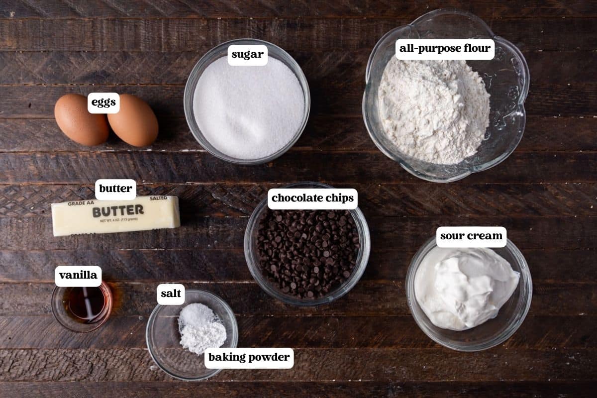 ingredients for chocolate chip cake on a table