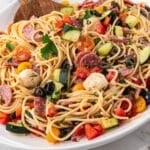 closeup of spaghetti salad in a bowl