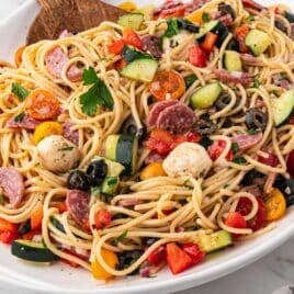 closeup of spaghetti salad in a bowl