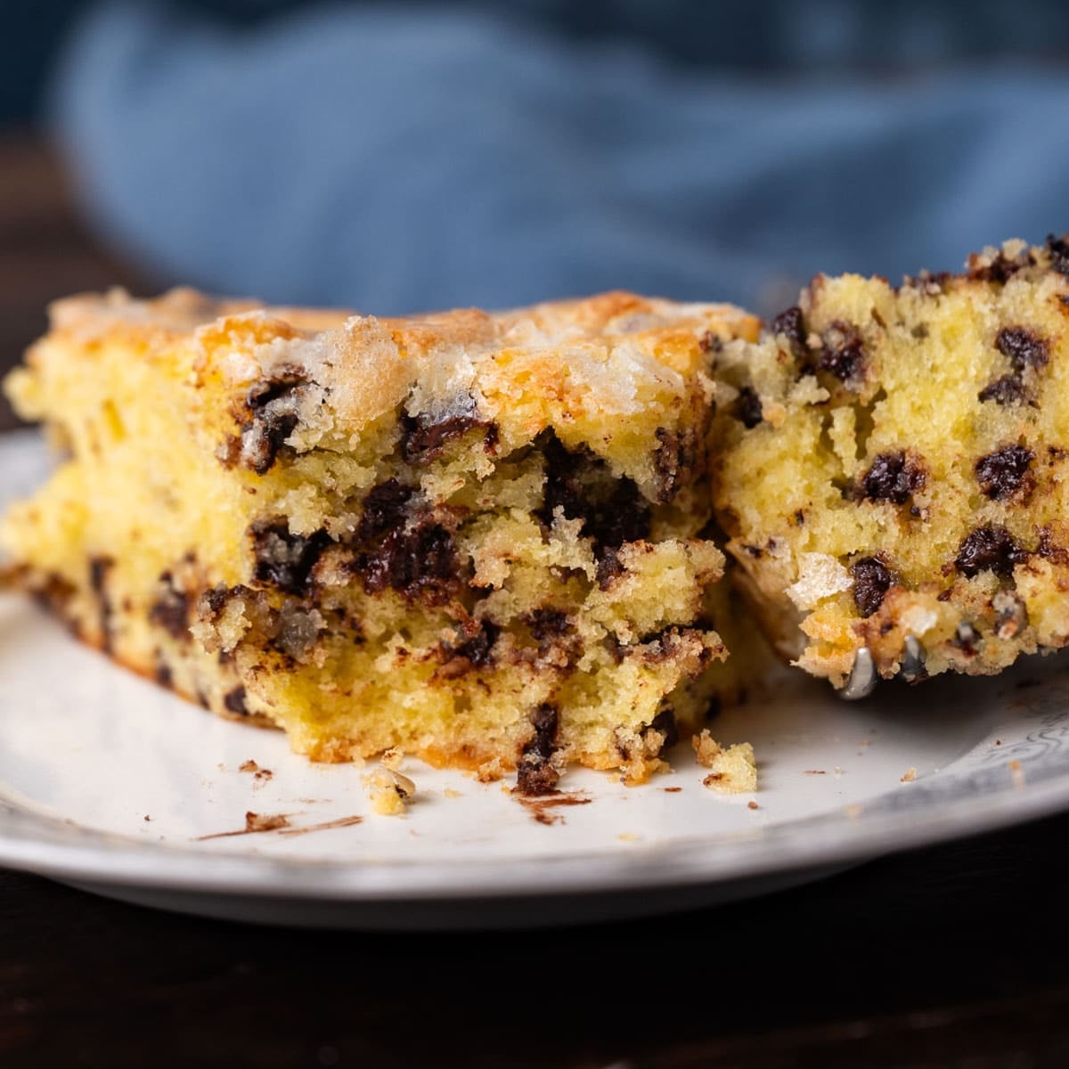 a slice of cake with chocolate chips in it on a plate