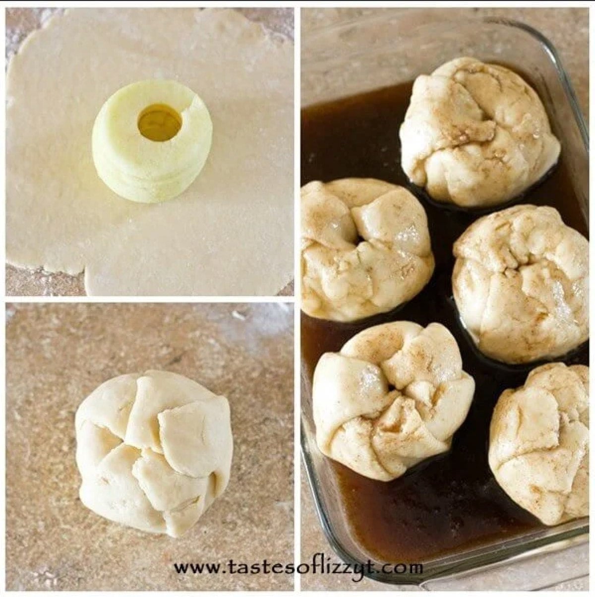 Amish Apple Dumplings are apples wrapped in a buttery, homemade dough and baked in a cinnamon-brown sugar syrup. One of the best apple recipes to make for a delicious fall dessert! collage of how to make apple dumplings