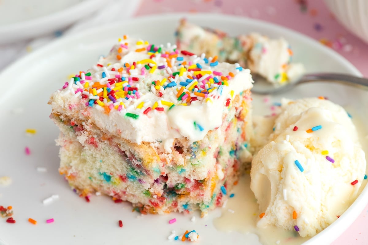a piece of funfetti birthday cake on a plate with ice cream