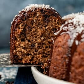 german chocolate bundt cake slice on a spatula
