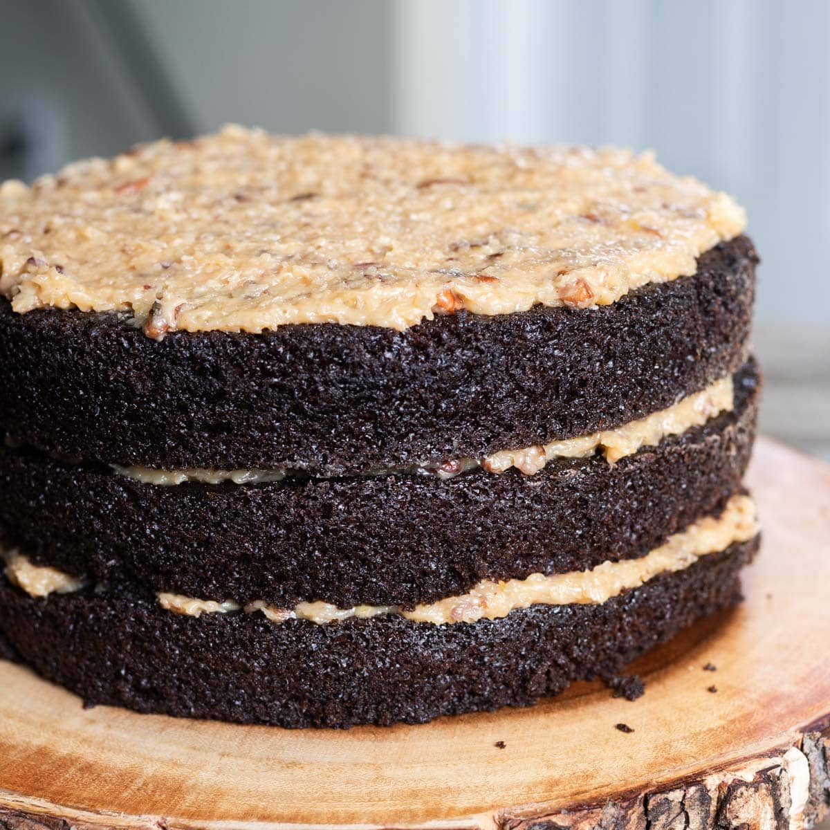 3 layers of chocolate cake with coconut pecan frosting on top