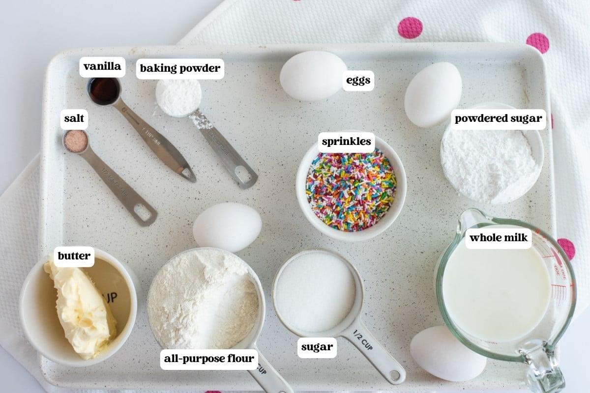 ingredients in funfetti birthday cake on a table