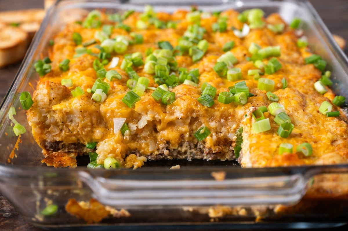 breakfast casserole with tater tots in a pan