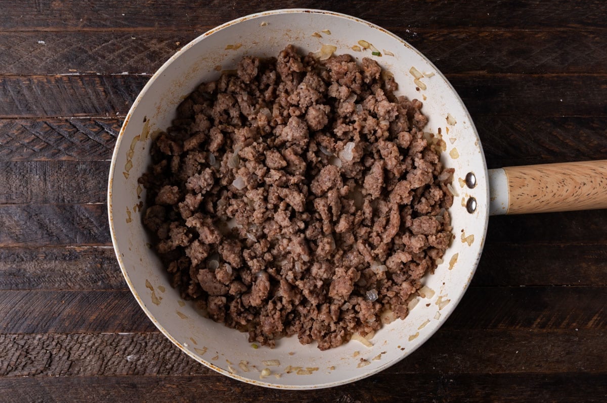 ground sausage browned in a skillet