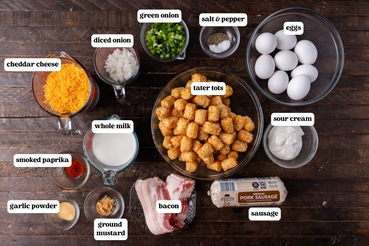 tater tot breakfast casserole ingredients on a table
