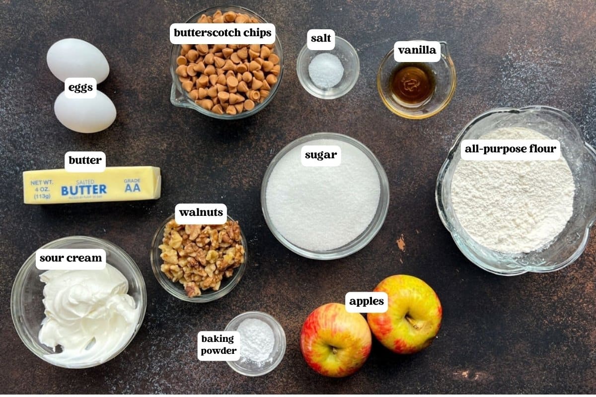 apple butterscotch cake ingredients on a table