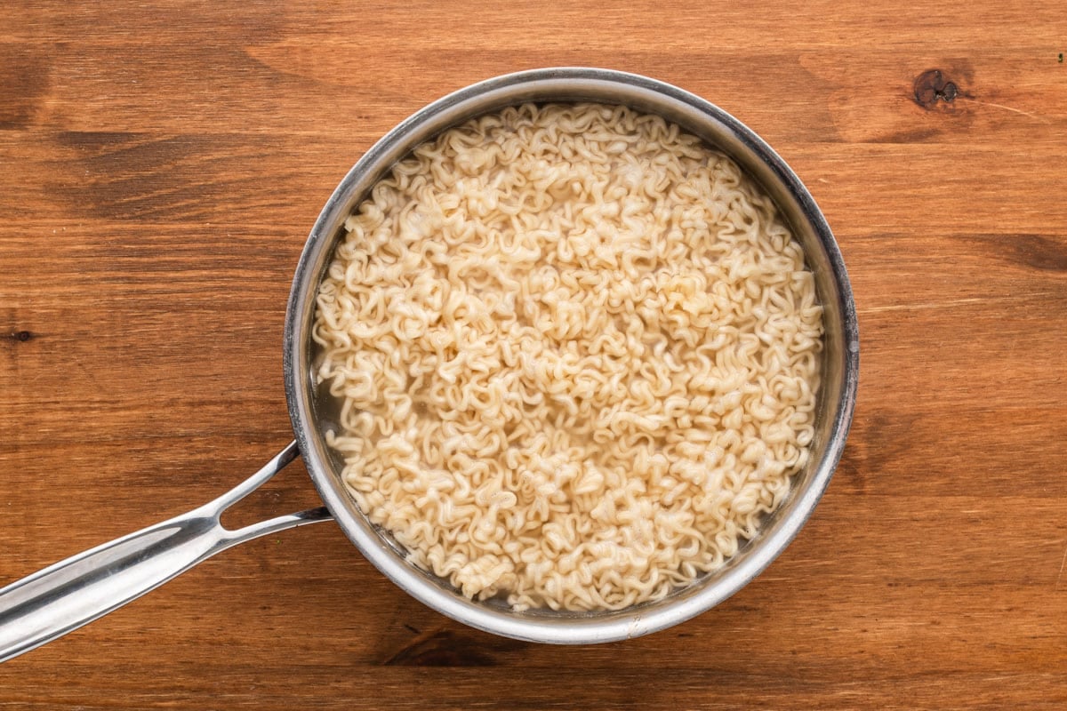 cooked ramen noodles in a pan