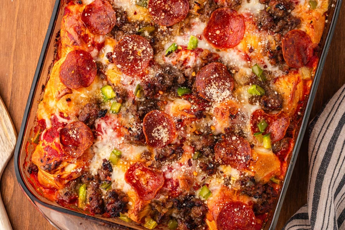 overhead view of biscuit pizza bake with pepperoni