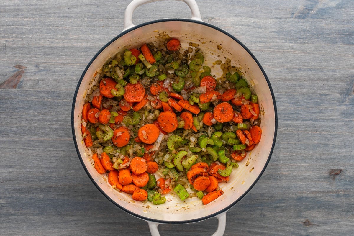 carrots, celery and onion in a dutch oven
