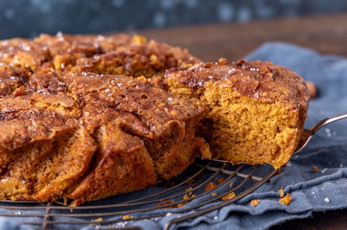 a slice of pumpkin cake on a spatula