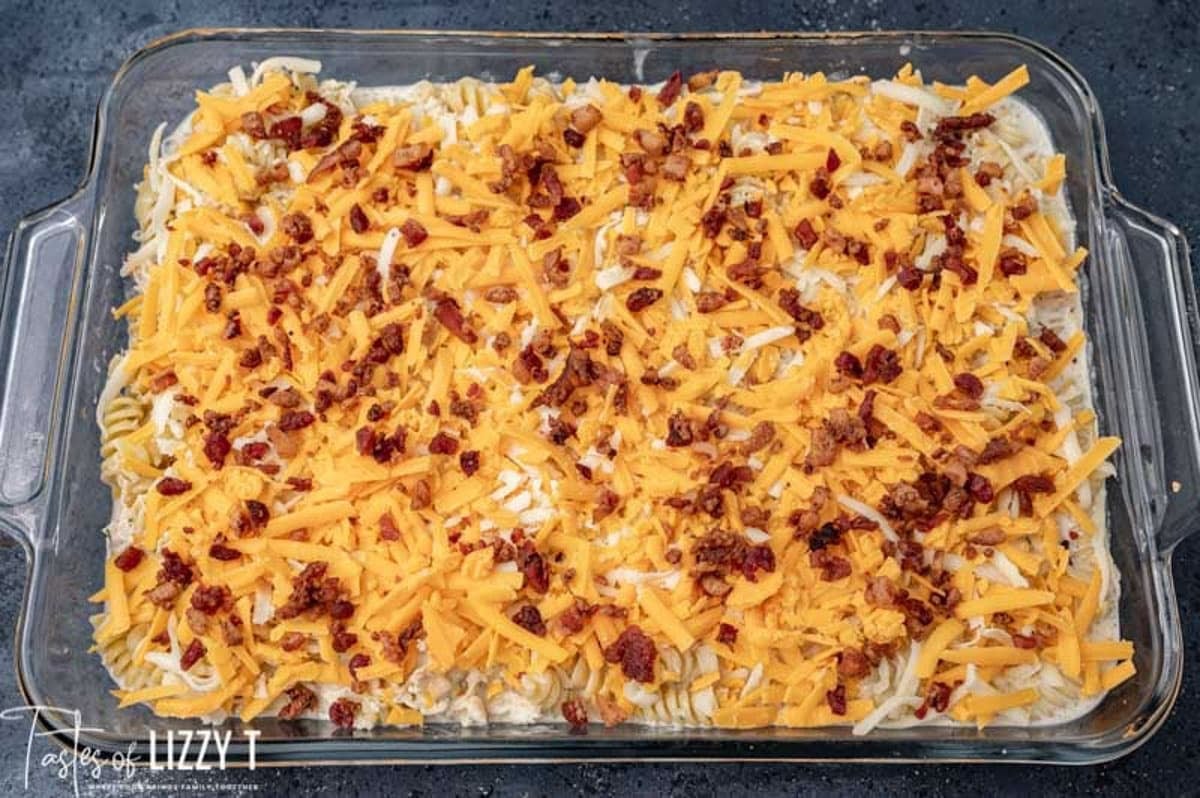 unbaked crack chicken pasta bake on a table