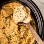 closeup of scalloped potatoes on a spoon