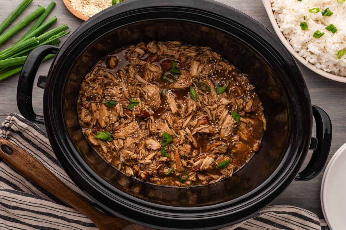 overhead view of crockpot teriyaki chicken on a table