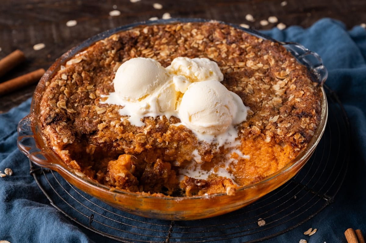 sweet potato crisp with oat crumble top and ice cream